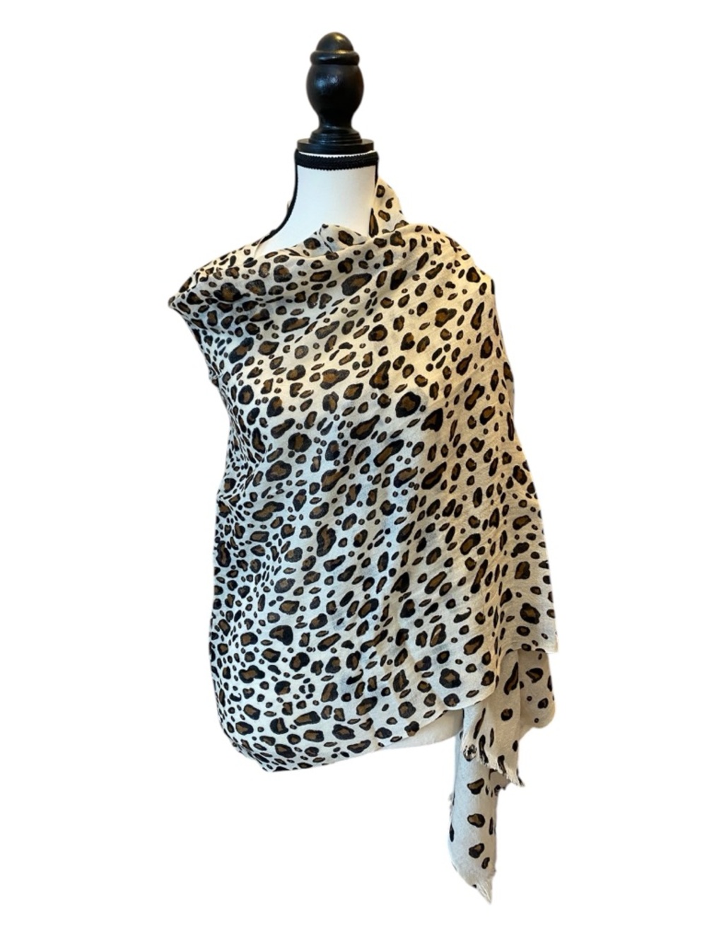 Wool Leopard Print Wrap in Cream, Brown & Black very light fabric 26” x 78”